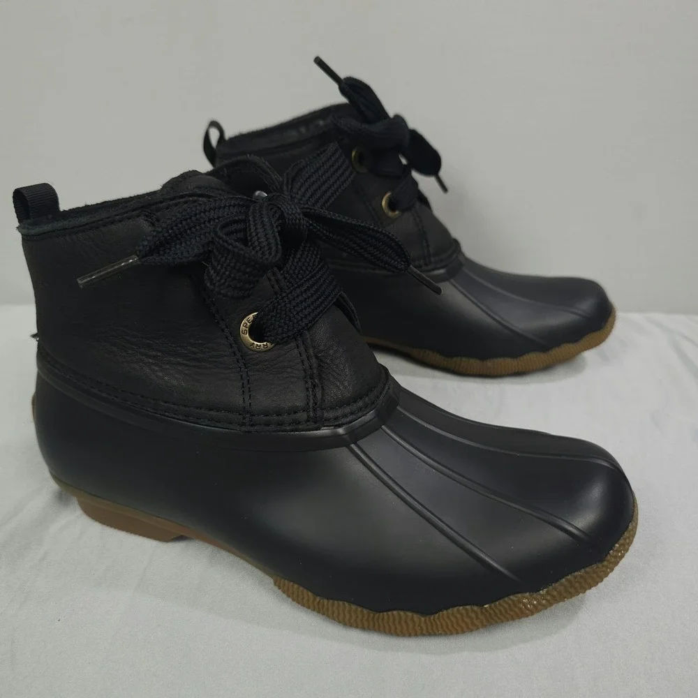 Sperry Duck Boots Women 8 Black Leather Rubber Brown Gum Saltwater 2 Eye Rain